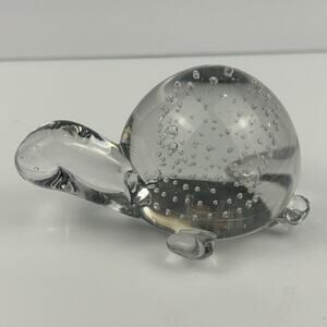 Vintage Art Clear Glass Turtle Paperweight w Controlled Bubbles Hand Blown 4”